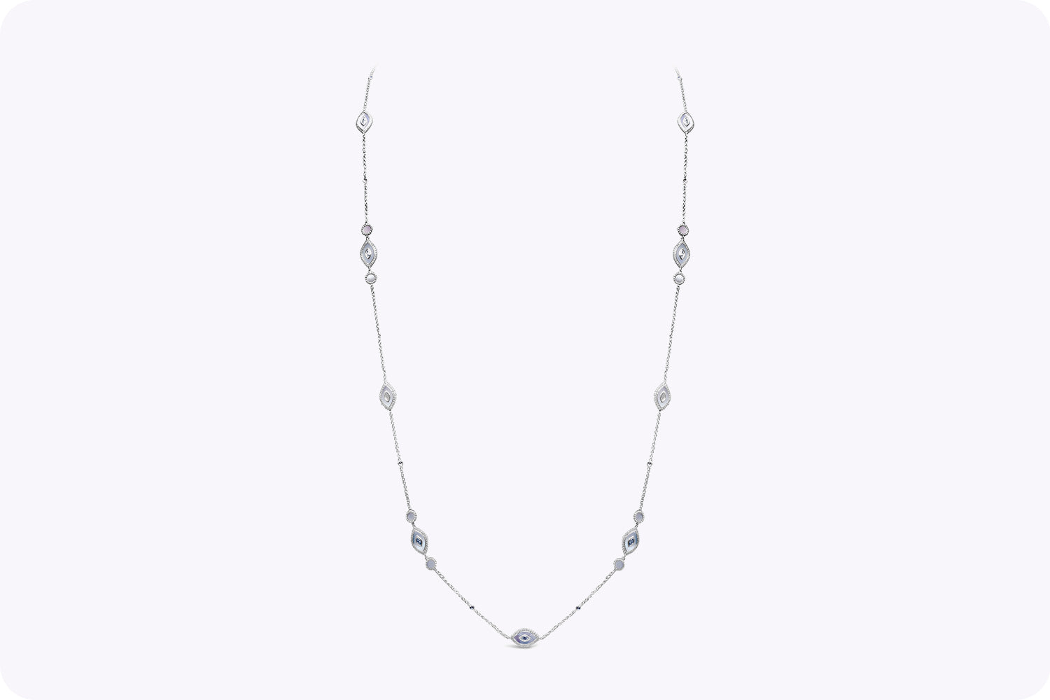 3.77 Carats Total Diamond & Mother of Pearl Evil Eye Long Necklace in White Gold