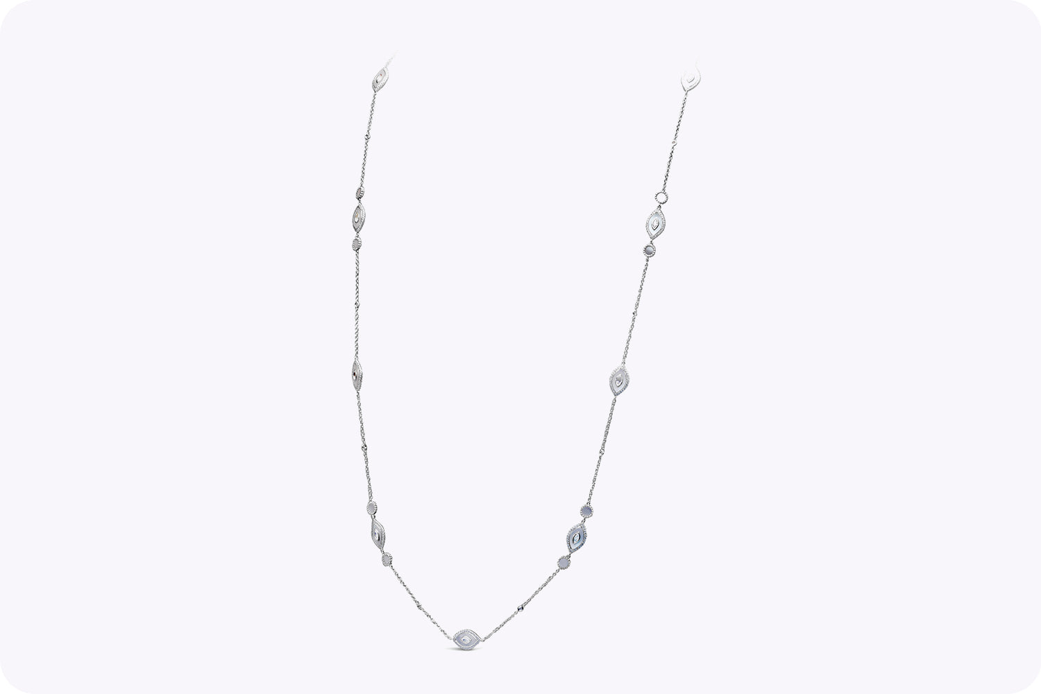 3.77 Carats Total Diamond & Mother of Pearl Evil Eye Long Necklace in White Gold