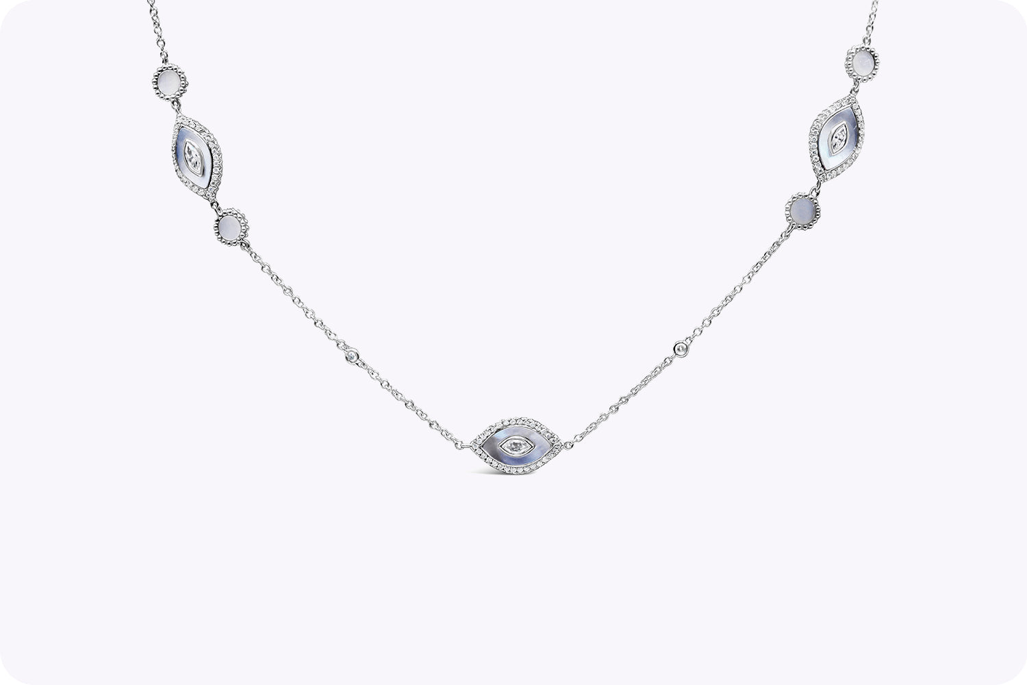 3.77 Carats Total Diamond & Mother of Pearl Evil Eye Long Necklace in White Gold