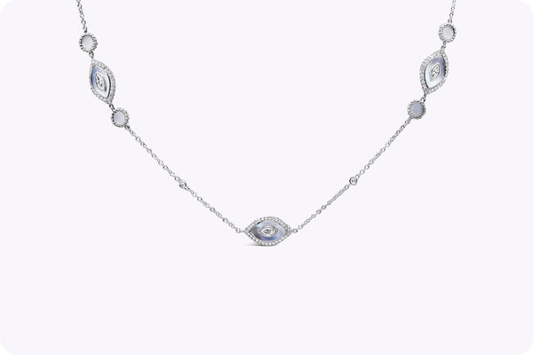 3.77 Carats Total Diamond & Mother of Pearl Evil Eye Long Necklace in White Gold