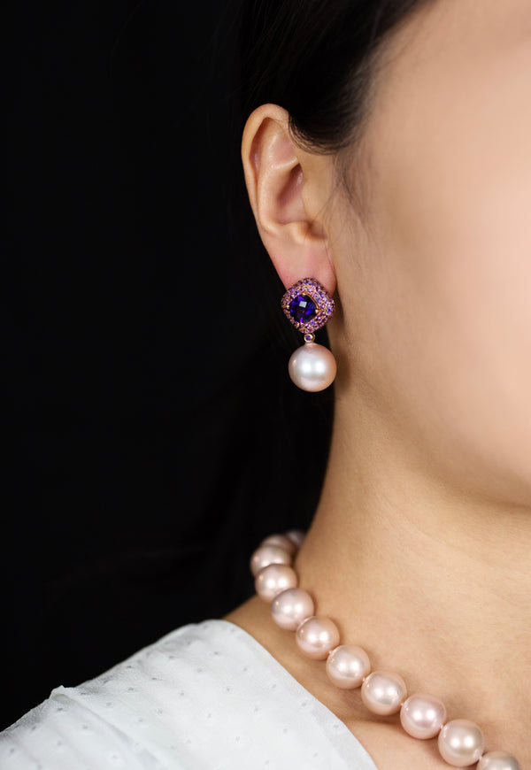 7.84 Carats Total Garnet and Amethyst with Dangling Pink Pearl Earrings in Rose Gold