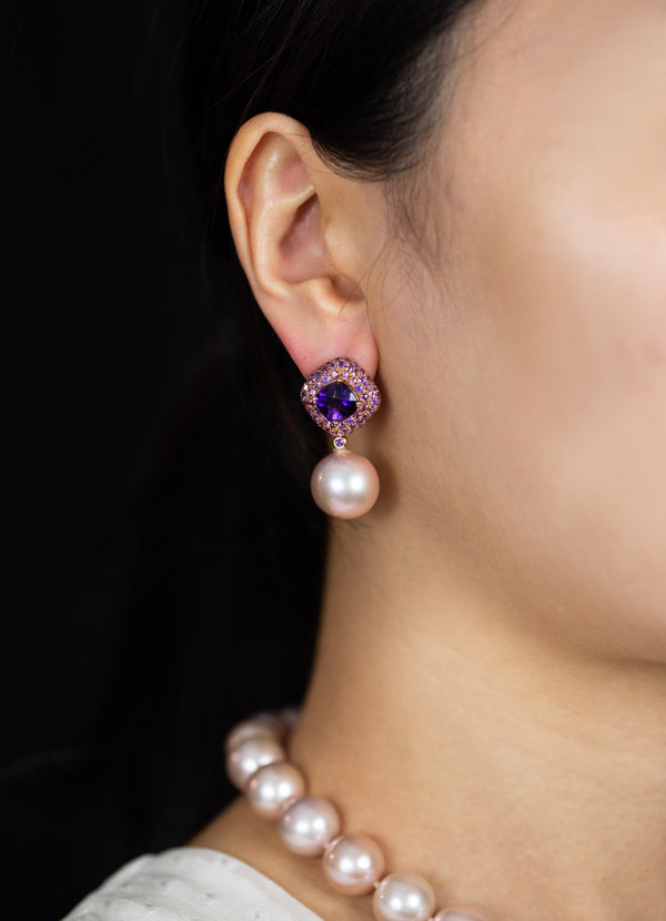 7.84 Carats Total Garnet and Amethyst with Dangling Pink Pearl Earrings in Rose Gold