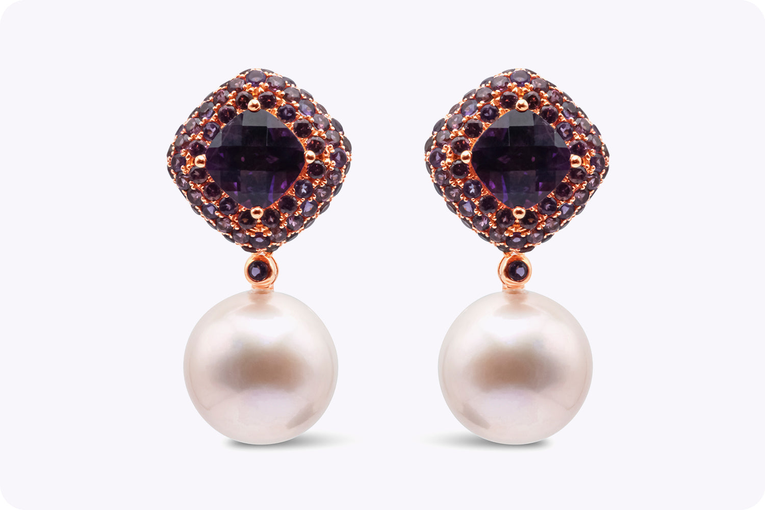 7.84 Carats Total Garnet and Amethyst with Dangling Pink Pearl Earrings in Rose Gold