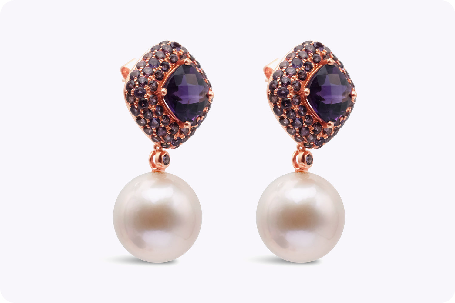 7.84 Carats Total Garnet and Amethyst with Dangling Pink Pearl Earrings in Rose Gold