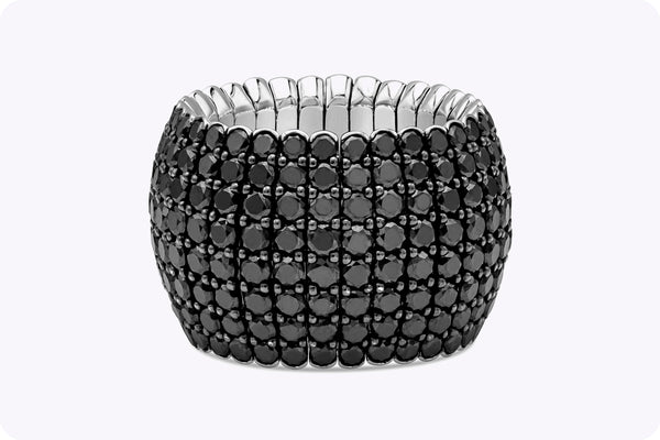 9.09 Carat Total Round Brilliant Cut Black Diamond Flexible Pavé Fashion Ring in White Gold