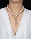 4.50 Carats Total Diamond Lariat and South Sea Pink Pearl Necklace in Yellow Gold