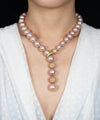 4.50 Carats Total Diamond South Sea Pink Pearl Lariat Necklace in Yellow Gold