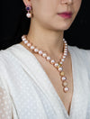 4.50 Carats Total Diamond Lariat and South Sea Pink Pearl Necklace in Yellow Gold