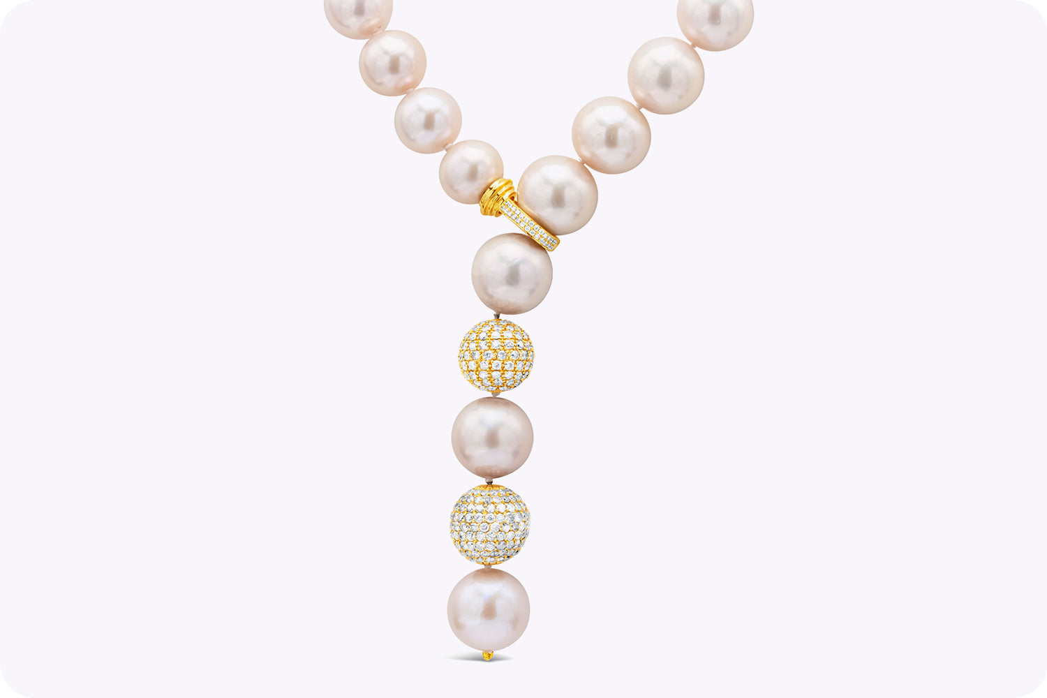 4.50 Carats Total Diamond South Sea Pink Pearl Lariat Necklace in Yellow Gold