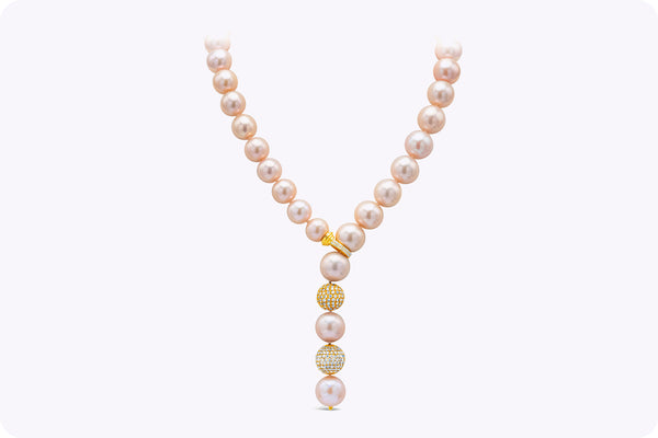 4.50 Carats Total Diamond South Sea Pink Pearl Lariat Necklace in Yellow Gold