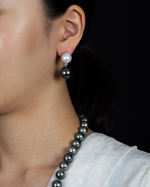 South Sea and Tahitian Pearl with Diamond Dangle Earrings in White Gold