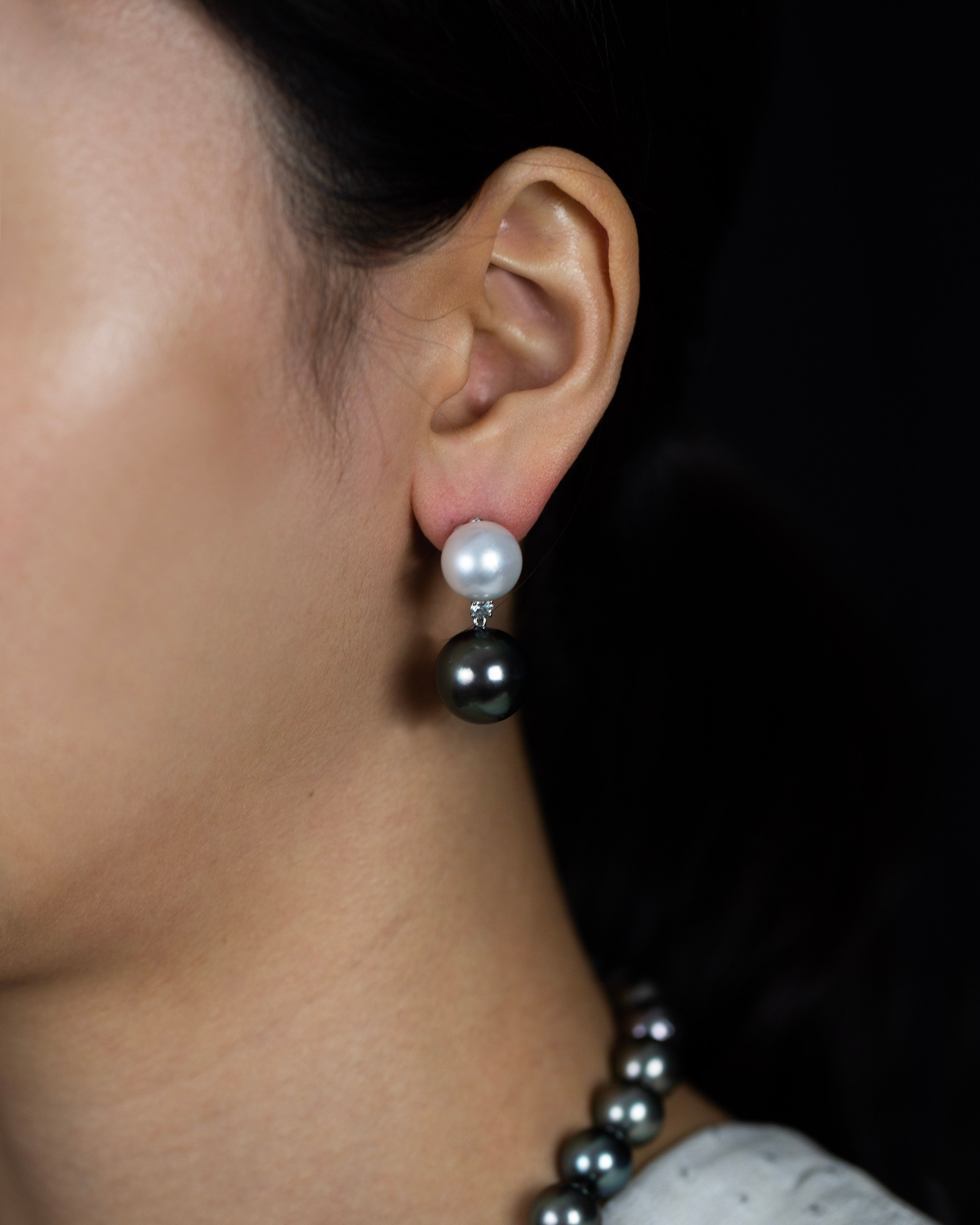 South Sea and Tahitian Pearl with Diamond Dangle Earrings in White Gold