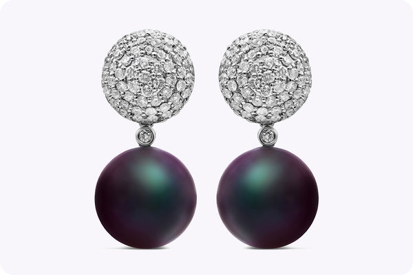 1.56 Carat Diamond and Tahitian Black Pearl Dangle Earrings in White Gold