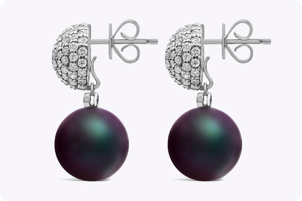 1.56 Carat Diamond and Tahitian Black Pearl Dangle Earrings in White Gold