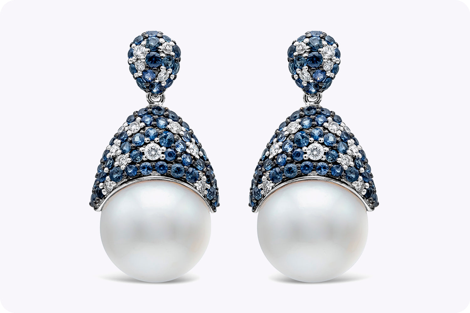 3.07 Carat Blue Sapphire and South Sea Pearl Drop Earrings in White Gold