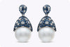 3.07 Carat Blue Sapphire and South Sea Pearl Drop Earrings in White Gold