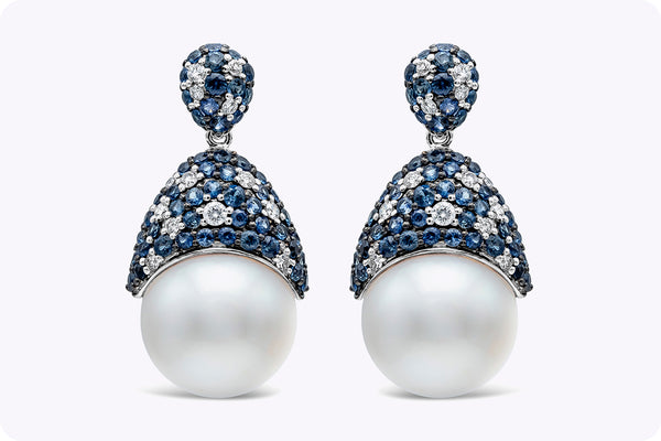 3.07 Carat Blue Sapphire and South Sea Pearl Drop Earrings in White Gold