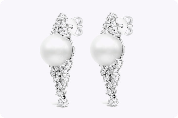 2.56 Carat Diamond and South Sea Pearl Drop Earrings in White Gold