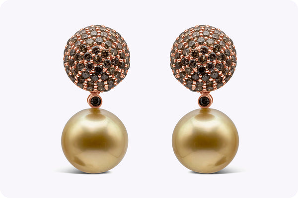 2.21 Carats Total Round Champagne Diamond with South Sea Golden Pearl Earrings in Rose Gold