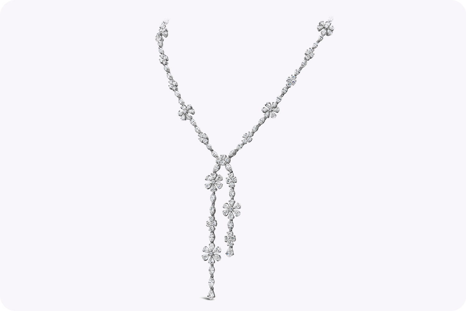 24.77 Carats Total Mixed-Cut Diamond Flower Necklace in White Gold & Platinum