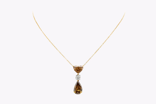 GIA Certified 9.29 Carats Total Mixed-Cut Diamond Three-Stone Pendant Necklace in Yellow Gold