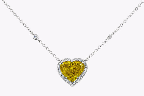 GIA Certified 4.02 Carats Heart Shape Yellow Diamond Halo Pendant Necklace