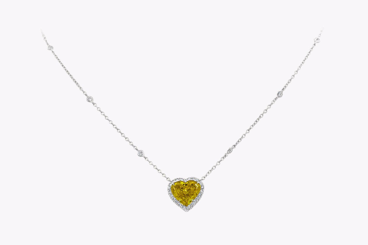 GIA Certified 4.02 Carats Heart Shape Yellow Diamond Halo Pendant Necklace