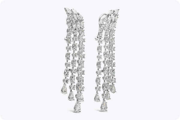 12.53 Carat Total Four Strand Multi Shape Diamond Dangle Earrings in White Gold