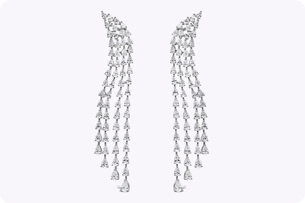 7.58 Carat Total Four Strand Pear Cut Diamond Dangle Earrings in White Gold