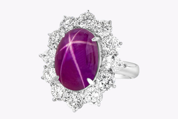 11.03 Carats Natural Cabochon Star Burmese Ruby Halo Cocktail Ring in Platinum