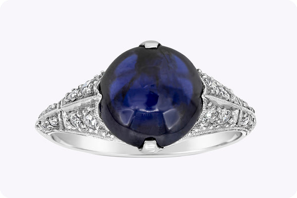 4.42 Carats Total Cabochon Blue Sapphire & Diamond Fashion Ring in Platinum