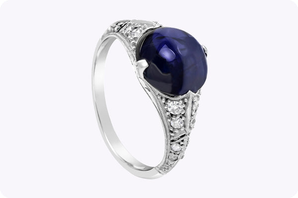 4.42 Carats Total Cabochon Blue Sapphire & Diamond Fashion Ring in Platinum