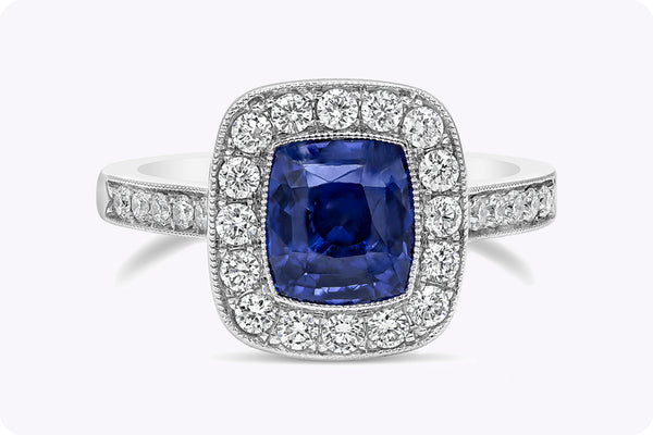 GIA Certified 2.11 Carats No-Heat Blue Sapphire & Diamond Halo Engagement Ring