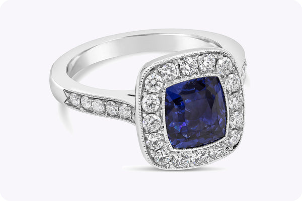 GIA Certified 2.11 Carats No-Heat Blue Sapphire & Diamond Halo Engagement Ring