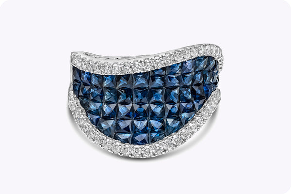 3.79 Carat Total Invisible Set Blue Sapphire and Diamond Curved Fashion Ring in White Gold