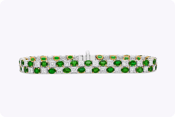 7.79 Carats Oval Cut Emerald Alternating with Diamond Two Row Tennis Bracelet in Two-Toned Gold