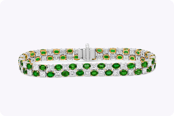 7.79 Carats Oval Cut Emerald Alternating with Diamond Two Row Tennis Bracelet in Two-Toned Gold