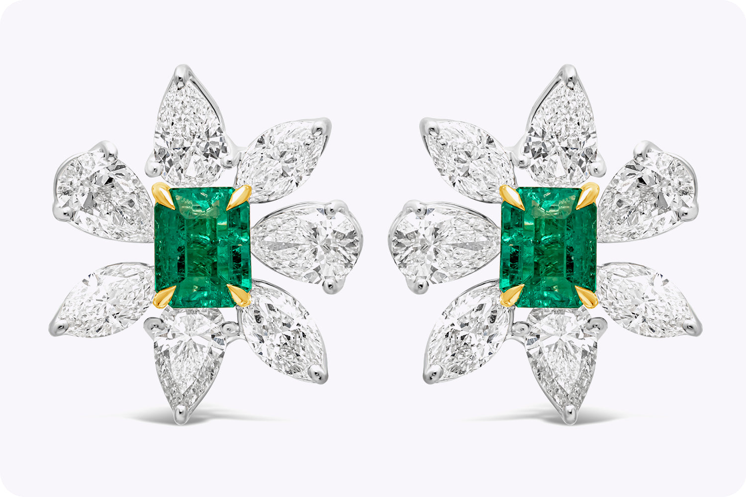 1.17 Carats Radiant Cut Emerald with Mix Cut Diamond Floral Stud Earrings in Two-Tone Gold