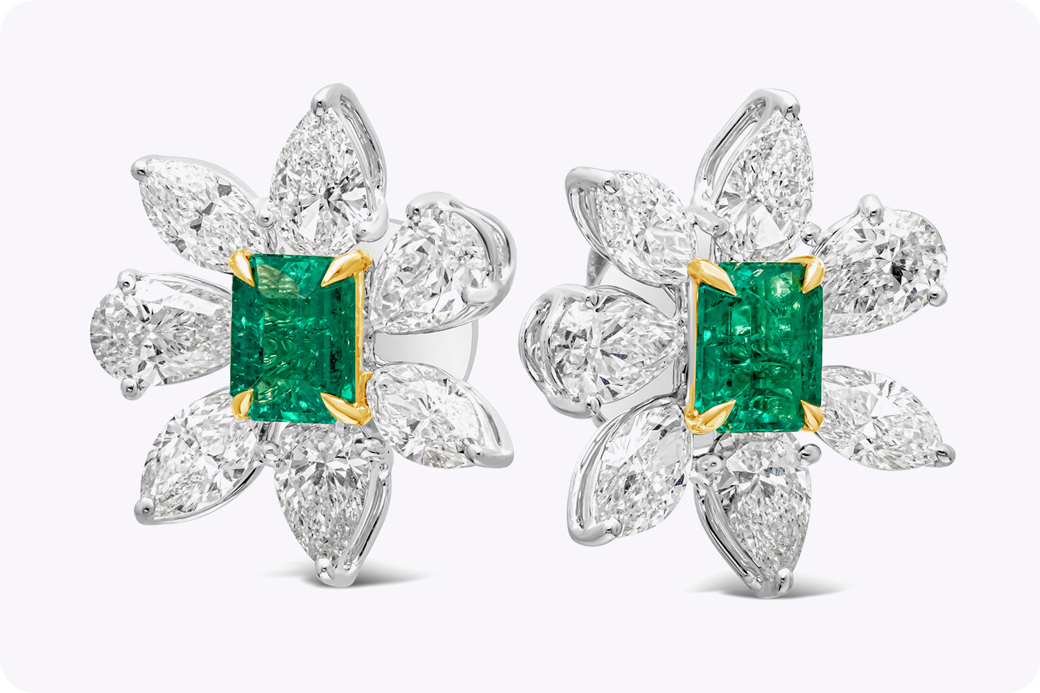 1.17 Carats Radiant Cut Emerald with Mix Cut Diamond Floral Stud Earrings in Two-Tone Gold