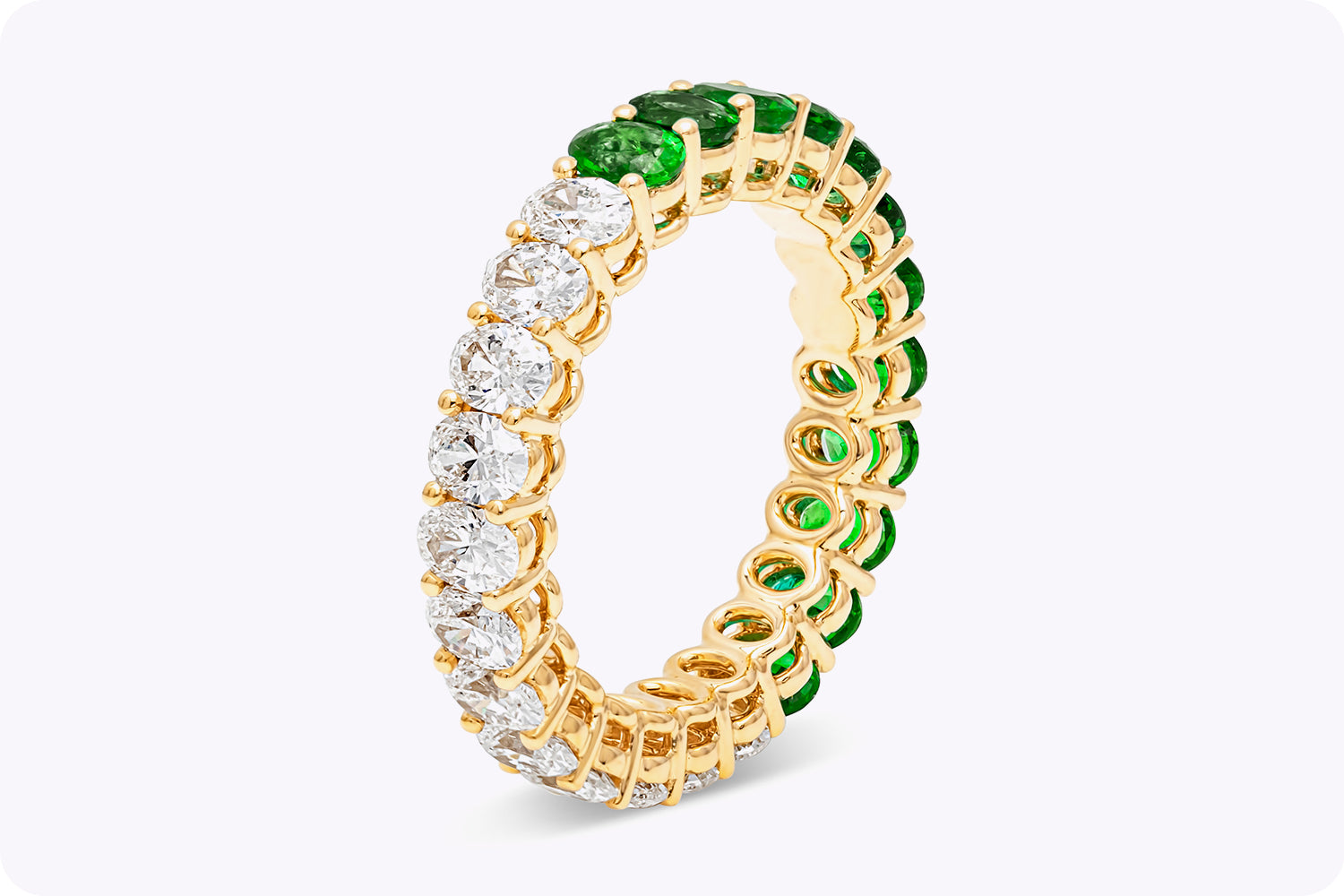 3.37 Carats Total Oval Cut Half Green Emerald & Diamond Eternity Wedding Band in 18K Yellow Gold