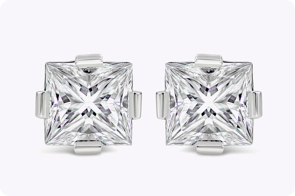 GIA Certified 3.02 Carats Total Princess Cut Diamond Compass Set Stud Earrings in Platinum