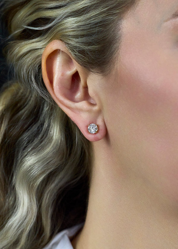 2.15 Carats Total Round Brilliant Cut Diamond Stud Earrings in Yellow Gold