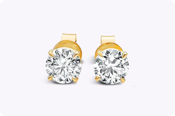 2.15 Carats Total Round Brilliant Cut Diamond Stud Earrings in Yellow Gold