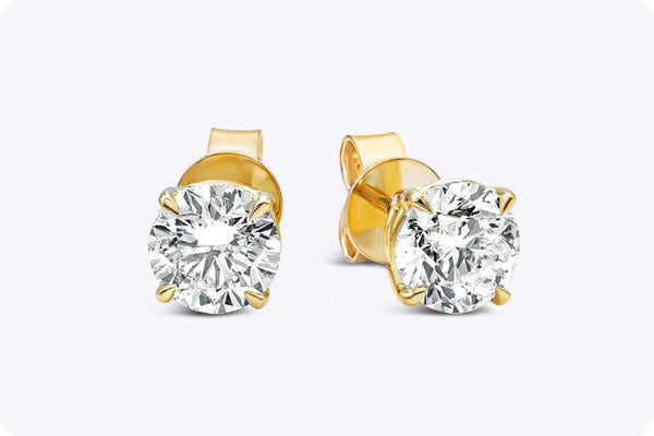 2.15 Carats Total Round Brilliant Cut Diamond Stud Earrings in Yellow Gold