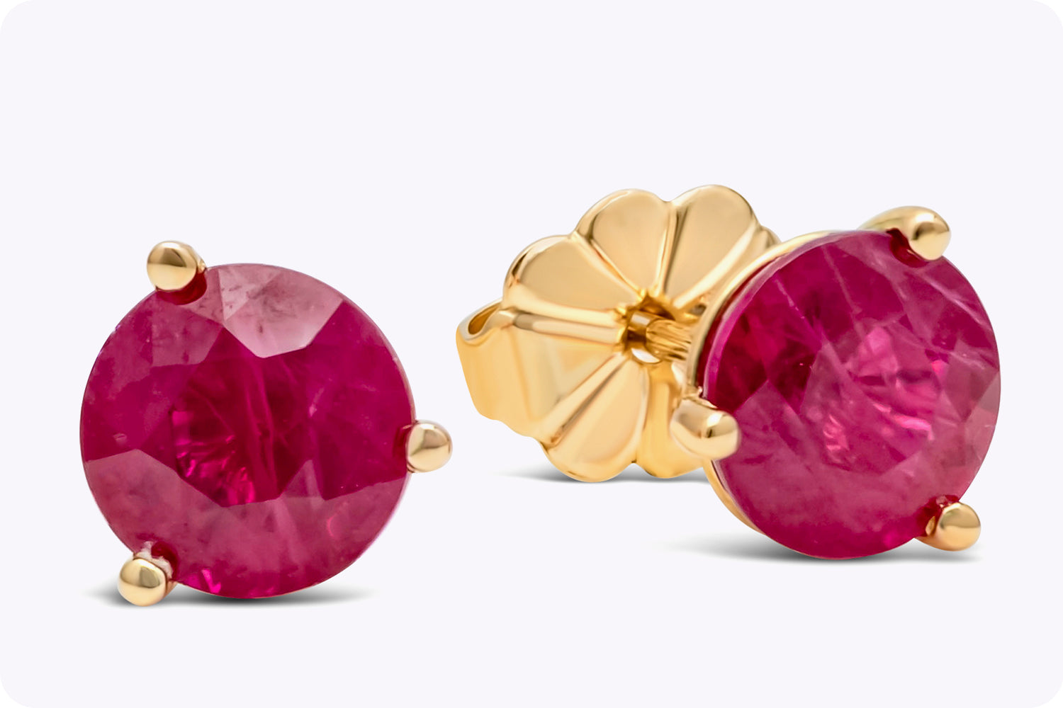 2.10 Carats Total Brilliant Round Burmese Ruby Stud Earrings in Yellow Gold