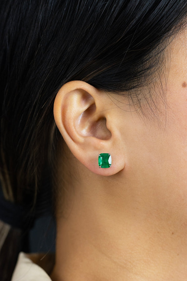 4.93 Carats Total Cushion Cut Green Emerald Stud Earrings in White Gold