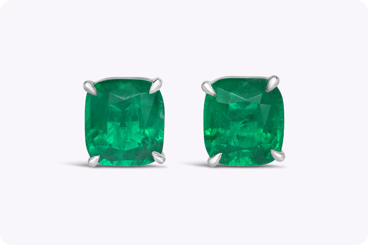 4.93 Carats Total Cushion Cut Green Emerald Stud Earrings in White Gold