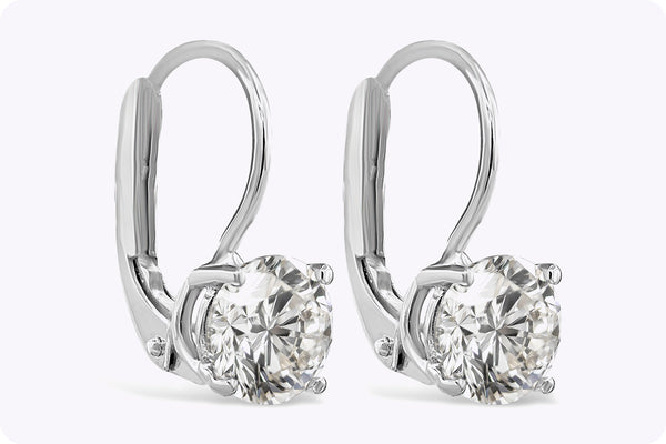 1.76 Carats Total Brilliant Round Shape Diamond Lever-Back Drop Earrings in White Gold