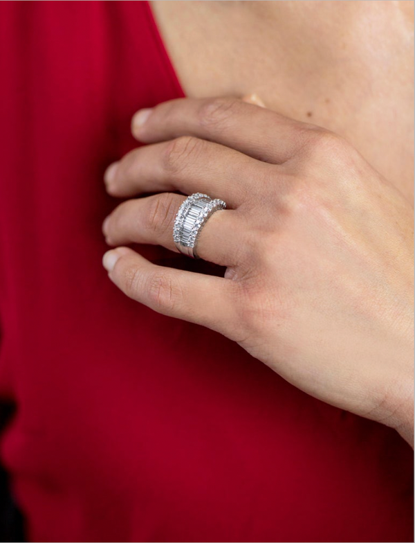 2.82 Carats Total Baguette and Round Diamond Wide Fashion Ring in White Gold