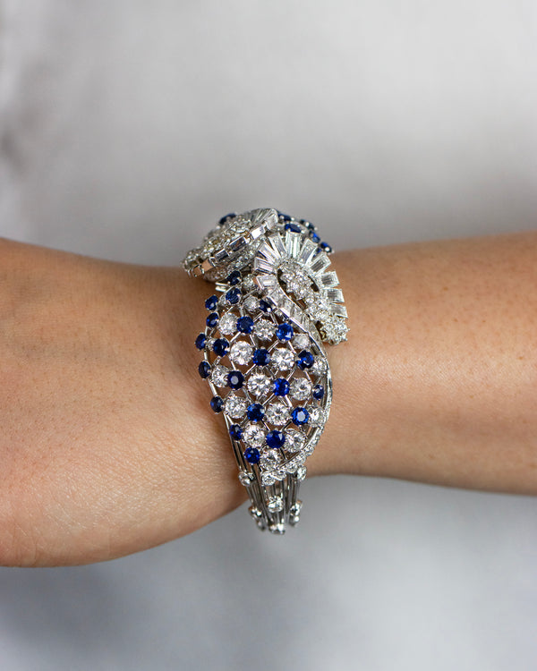 27.08 Carats Total Round Brilliant Cut Diamond & Sapphire Convertible Bracelet in White Gold